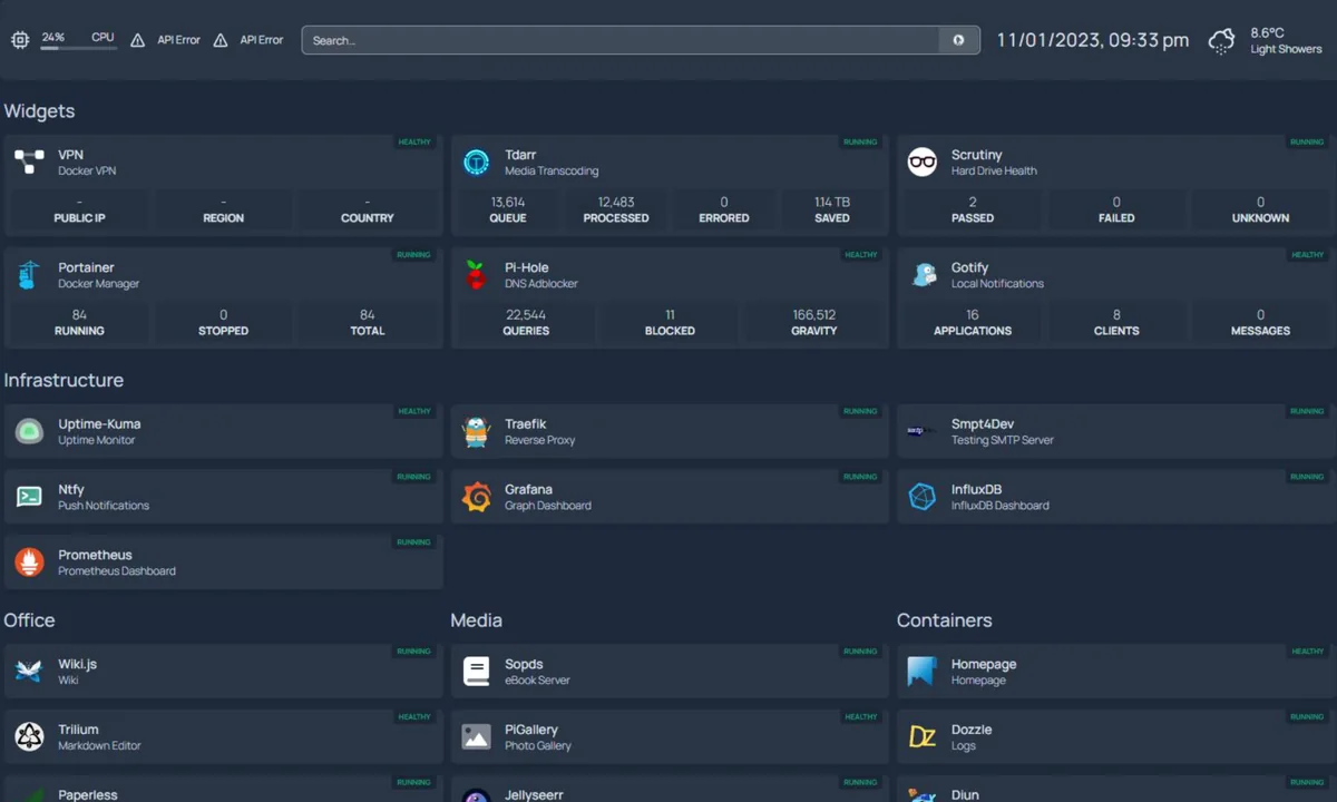 Homepage infrastructure and services dashboard
