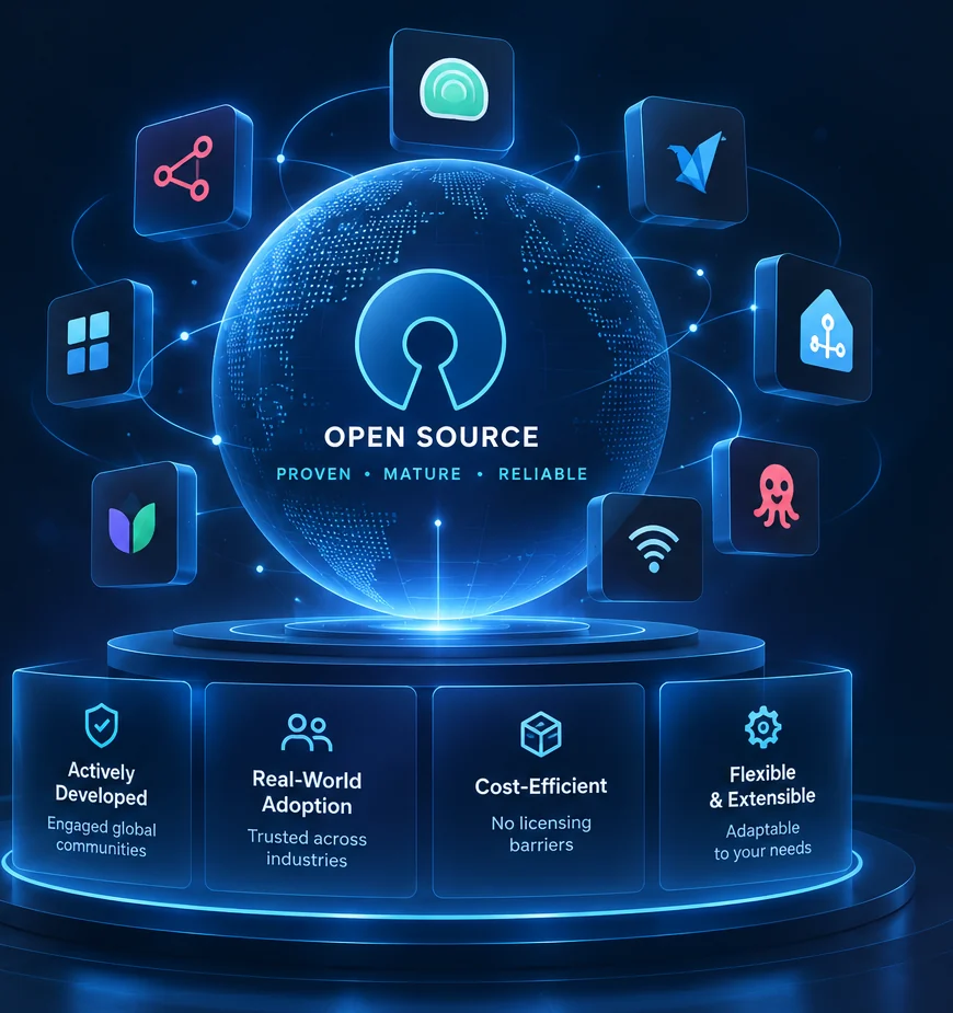 Open-source technology ecosystem representing mature, actively developed, flexible and cost-efficient software